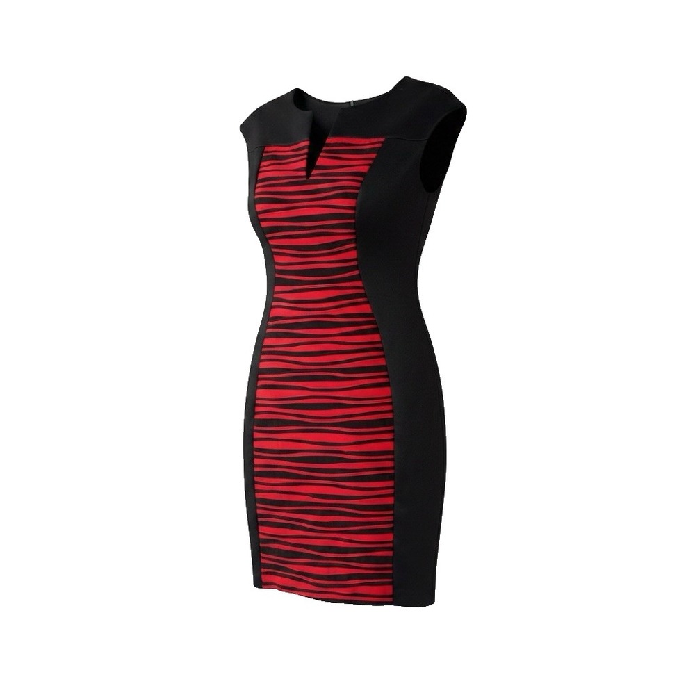 Connected Apparel Sheath Dress Womens 6 Black Red Striped Cap Sleeve Split Neck